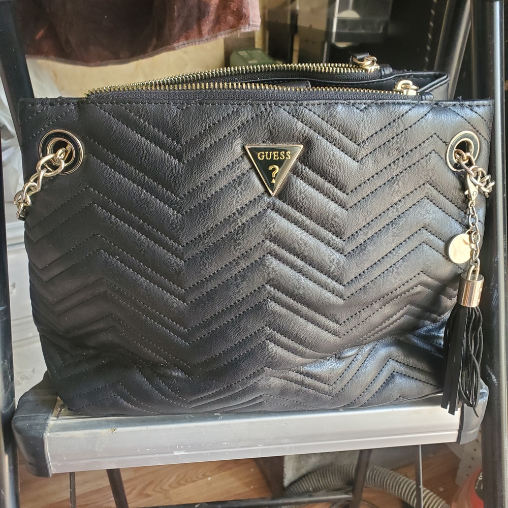 Guess Black Quilted Shoulder Bag with Gold Hardware